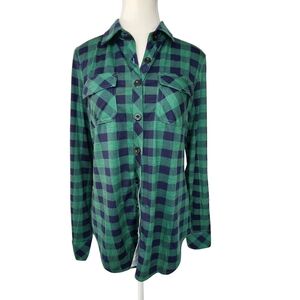 Womens DJT Soft Stretchy Green and Blue Plaid Button-Up Shirt Roll Up Sleeve M